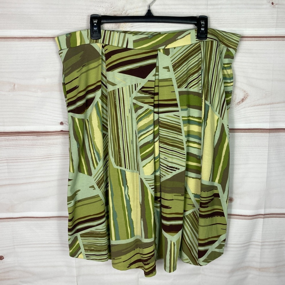 Lularoe Skirt Women 2XL Green Brown Geometric Pull On Jersey Knit Pockets A-Line